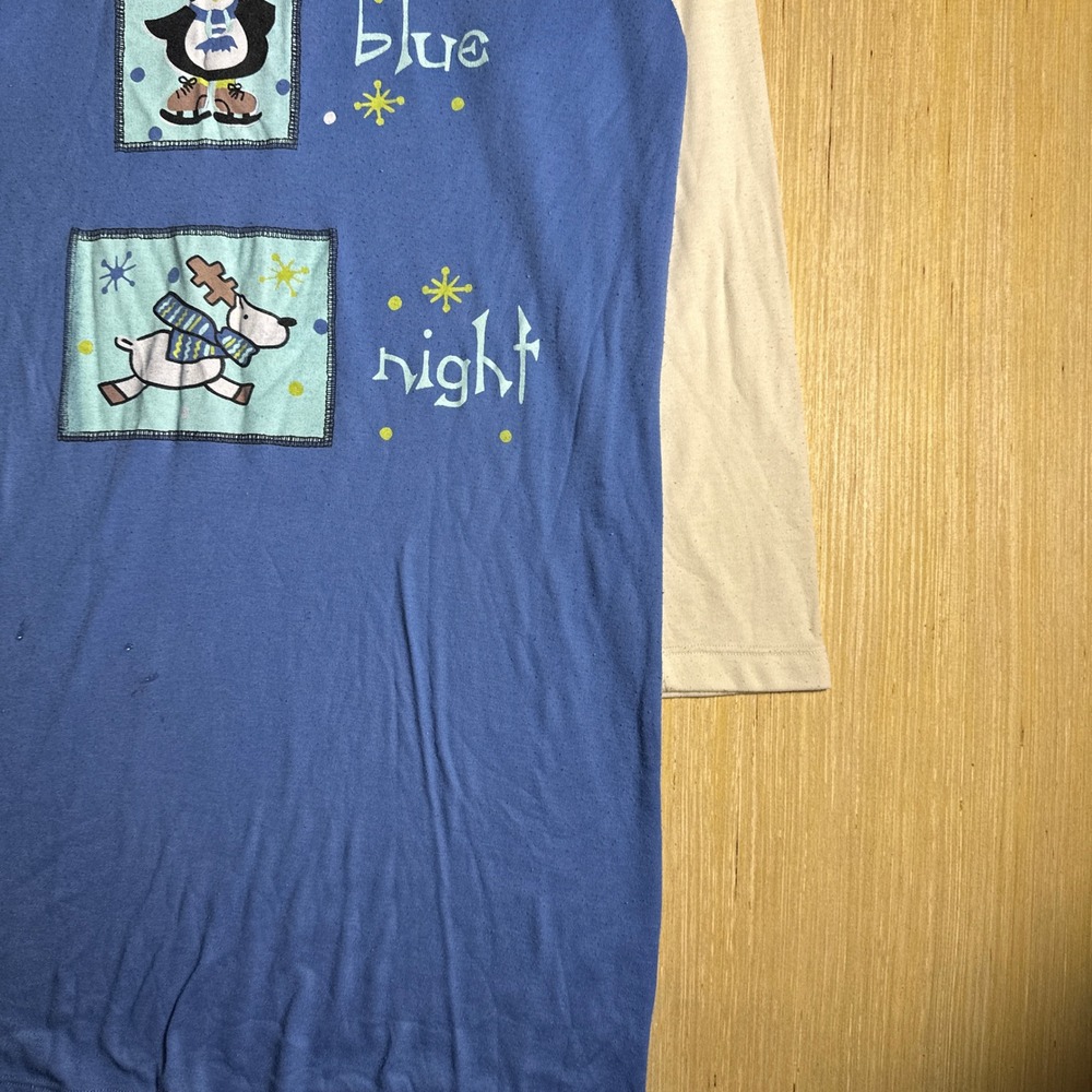 Vintage Blue Night Nightgown Womens Small Blue 90s Penguin Reindeer Sleepwear - Picture 5 of 15